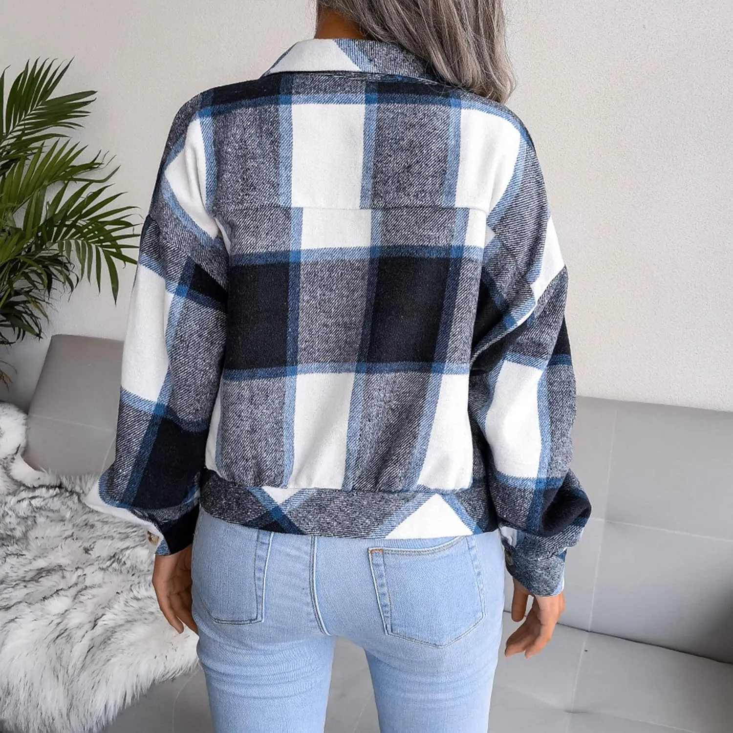 Womens Cropped Flannel Plaid Jacket Fashion Button Down Wool Blend Coat Long Sleeve Shacket Shirts Tops
