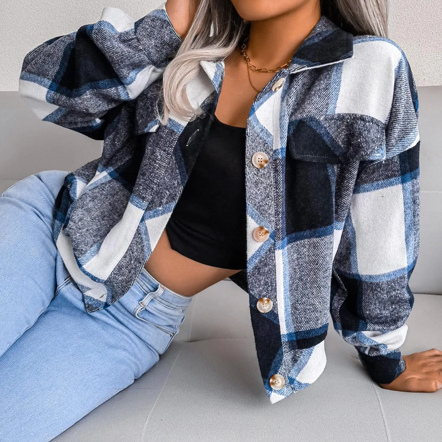 Womens Cropped Flannel Plaid Jacket Fashion Button Down Wool Blend Coat Long Sleeve Shacket Shirts Tops