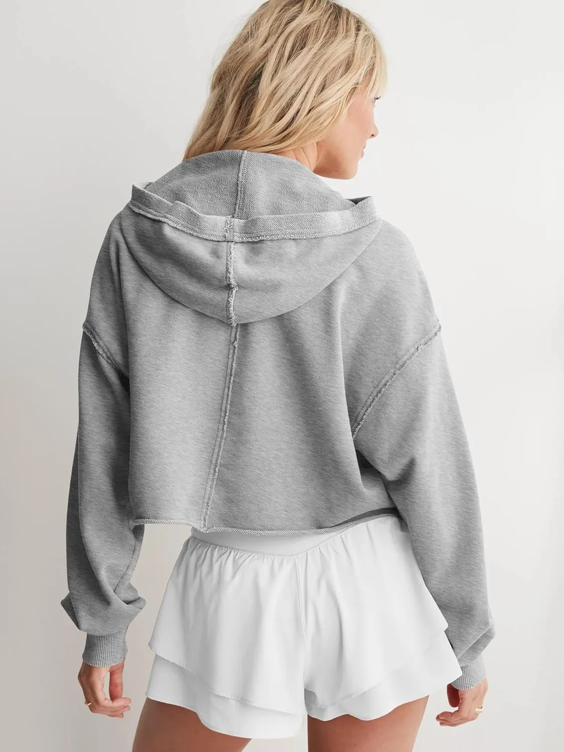 Womens Cropped Hoodies Long Sleeve V Neck Ripped Pullover Sweatshirts with Hooded Casual Crop Tops Trendy 2025