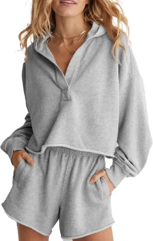 Womens Cropped Hoodies Long Sleeve V Neck Ripped Pullover Sweatshirts with Hooded Casual Crop Tops Trendy 2025