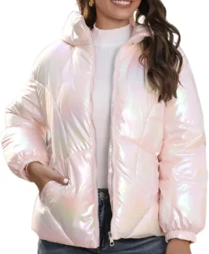 Women's Cute Shiny Lightweight Down Zipper Puffer Jacket Short Hooded Puffer Coat Warm for Winter with Pockets
