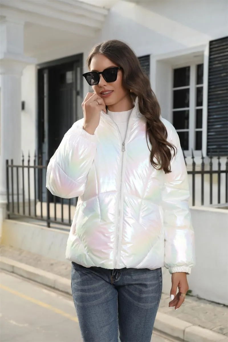 Women's Cute Shiny Lightweight Down Zipper Puffer Jacket Short Hooded Puffer Coat Warm for Winter with Pockets