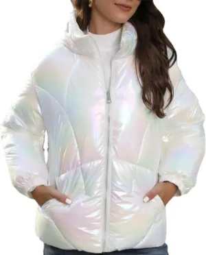 Women's Cute Shiny Lightweight Down Zipper Puffer Jacket Short Hooded Puffer Coat Warm for Winter with Pockets
