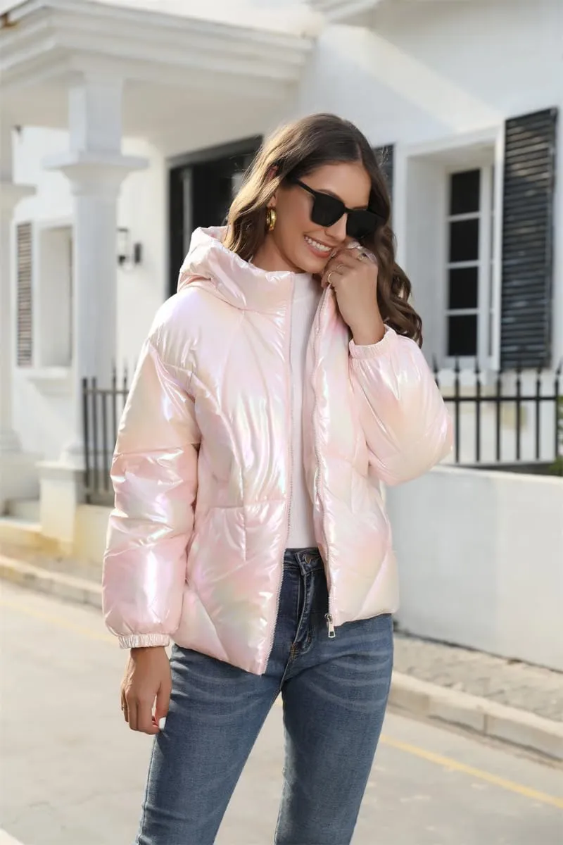 Women's Cute Shiny Lightweight Down Zipper Puffer Jacket Short Hooded Puffer Coat Warm for Winter with Pockets