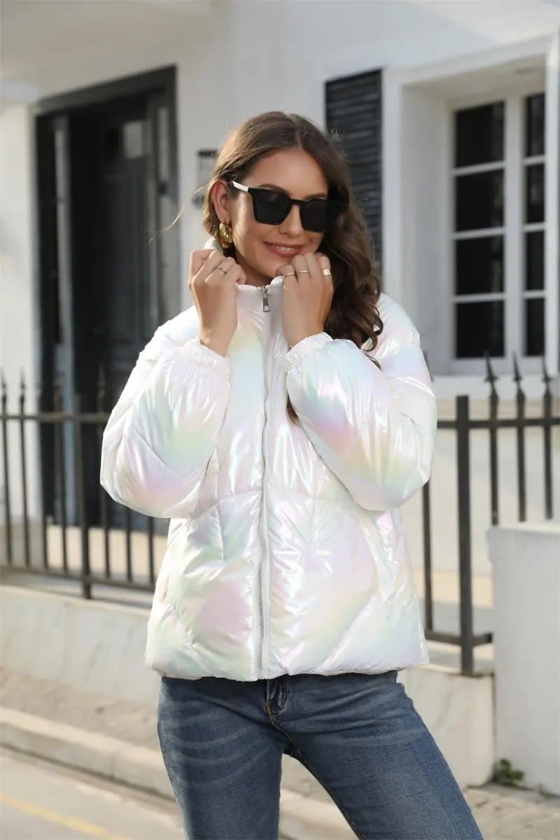 Women's Cute Shiny Lightweight Down Zipper Puffer Jacket Short Hooded Puffer Coat Warm for Winter with Pockets