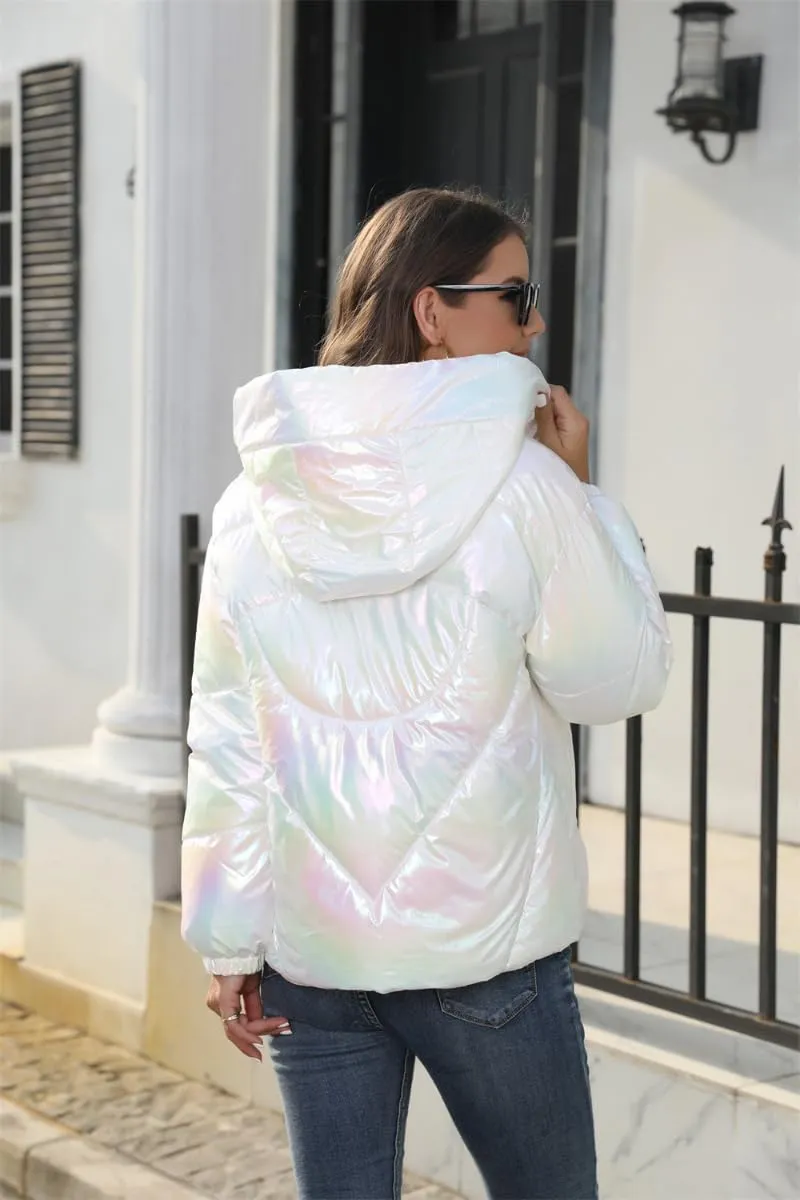 Women's Cute Shiny Lightweight Down Zipper Puffer Jacket Short Hooded Puffer Coat Warm for Winter with Pockets
