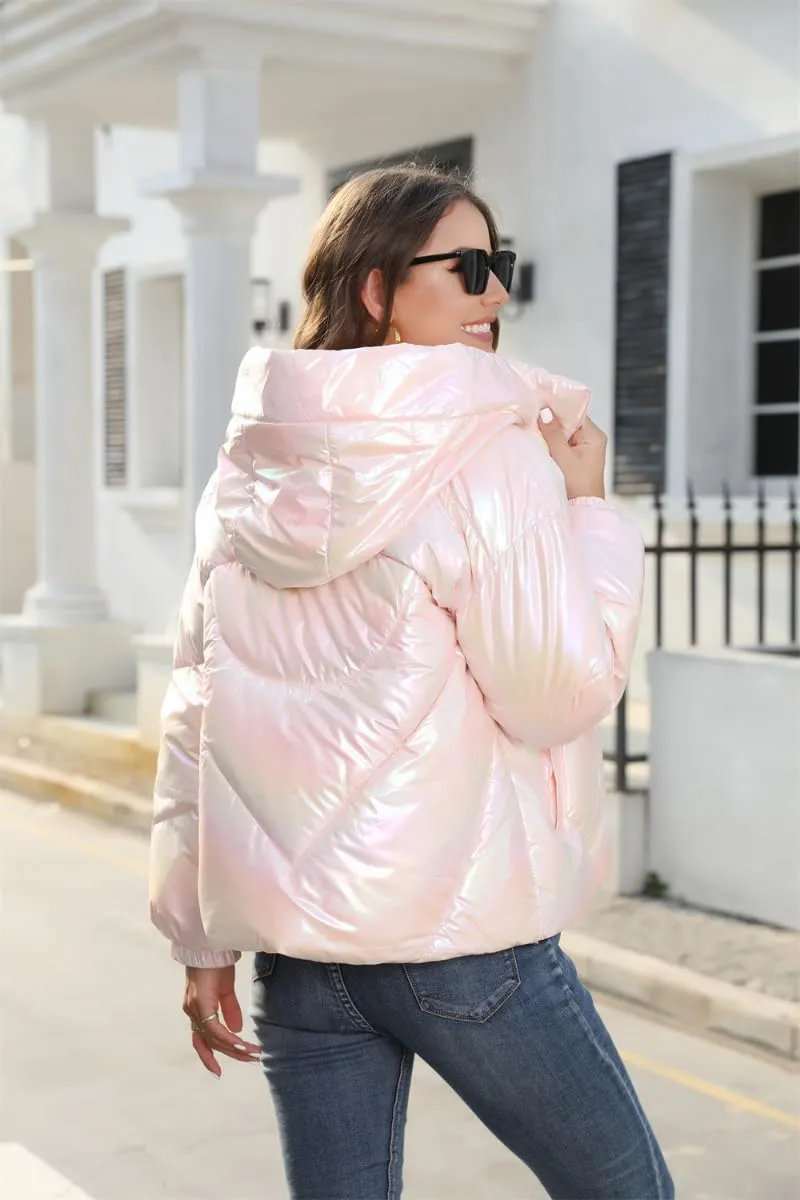 Women's Cute Shiny Lightweight Down Zipper Puffer Jacket Short Hooded Puffer Coat Warm for Winter with Pockets