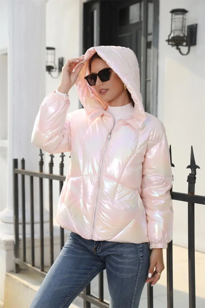 Women's Cute Shiny Lightweight Down Zipper Puffer Jacket Short Hooded Puffer Coat Warm for Winter with Pockets