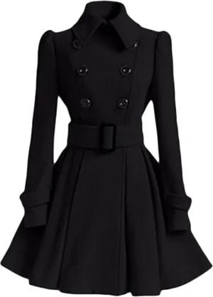 Womens Double Breasted Pleated Pea Coat Long Sleeve Lapel Jacket Midi Swing Outwear with Belt