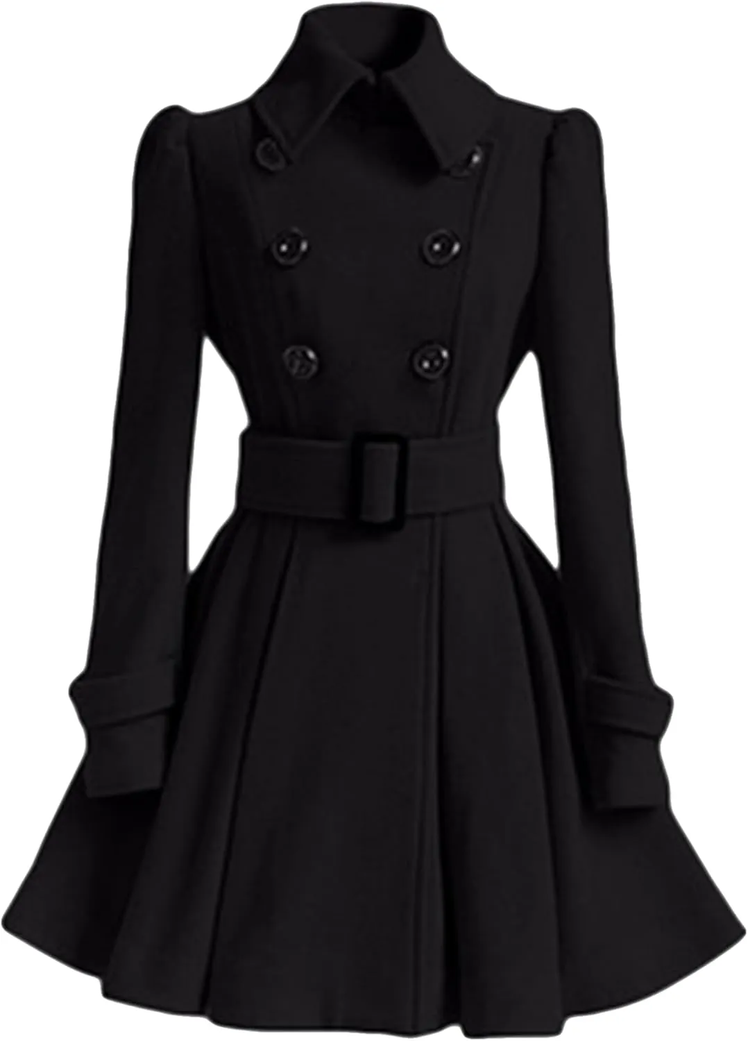 Womens Double Breasted Pleated Pea Coat Long Sleeve Lapel Jacket Midi Swing Outwear with Belt