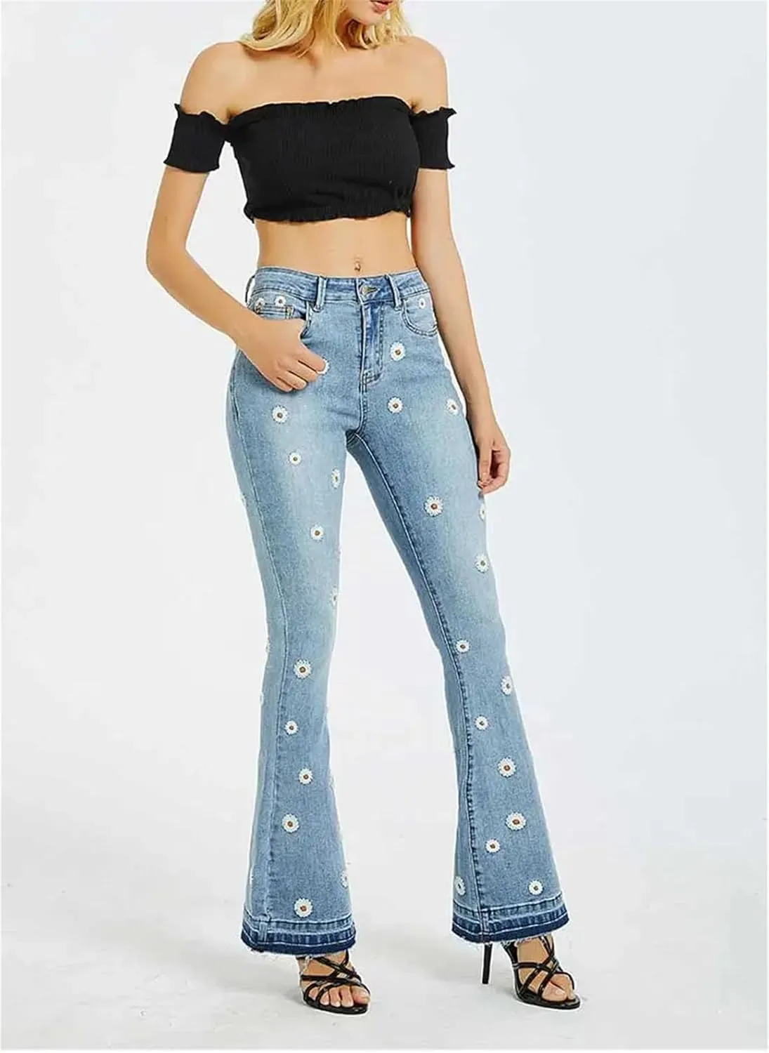 Womens Embroidery Low Waist Elastic Flare Jeans Retro Style Skinny Bell Bottom Jeans Blue Fit Denim Pants