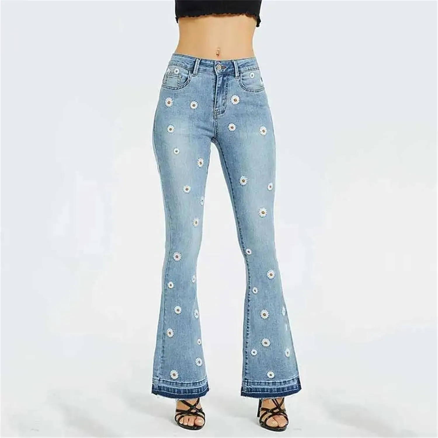 Womens Embroidery Low Waist Elastic Flare Jeans Retro Style Skinny Bell Bottom Jeans Blue Fit Denim Pants