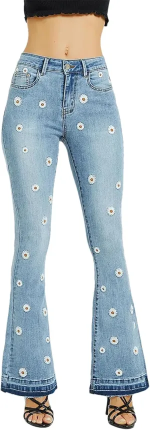Womens Embroidery Low Waist Elastic Flare Jeans Retro Style Skinny Bell Bottom Jeans Blue Fit Denim Pants
