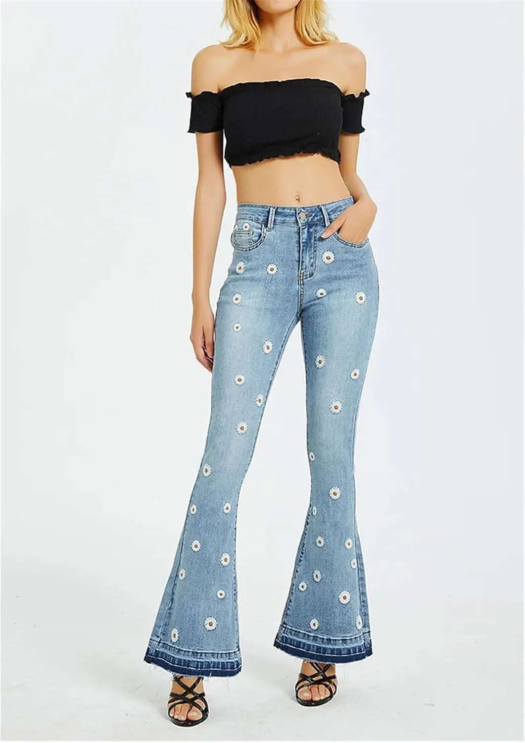 Womens Embroidery Low Waist Elastic Flare Jeans Retro Style Skinny Bell Bottom Jeans Blue Fit Denim Pants