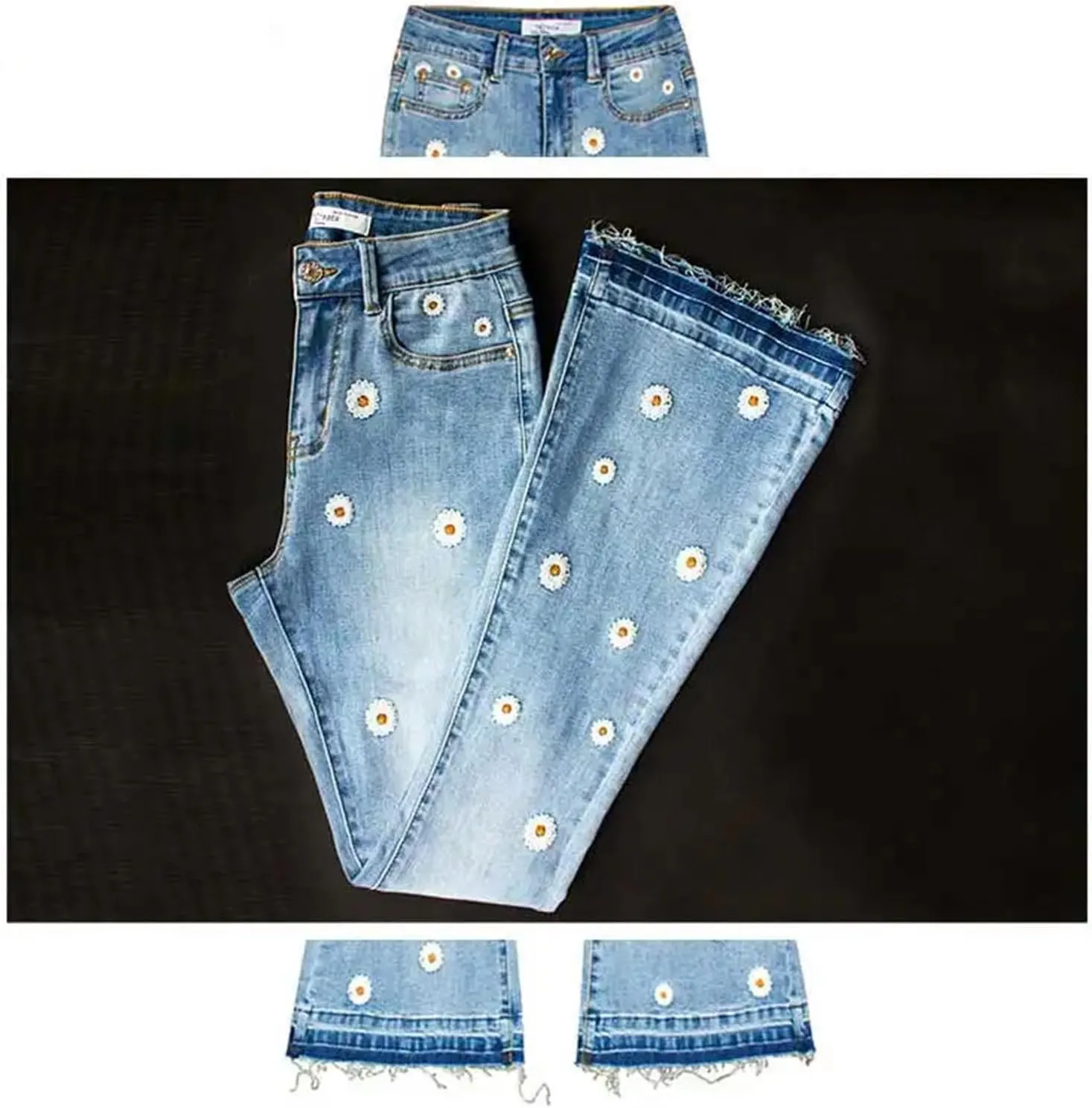 Womens Embroidery Low Waist Elastic Flare Jeans Retro Style Skinny Bell Bottom Jeans Blue Fit Denim Pants