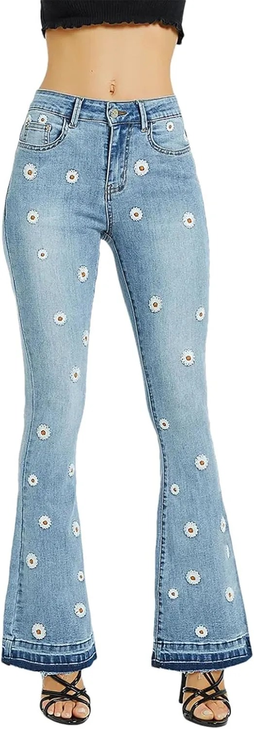 Womens Embroidery Low Waist Elastic Flare Jeans Retro Style Skinny Bell Bottom Jeans Blue Fit Denim Pants