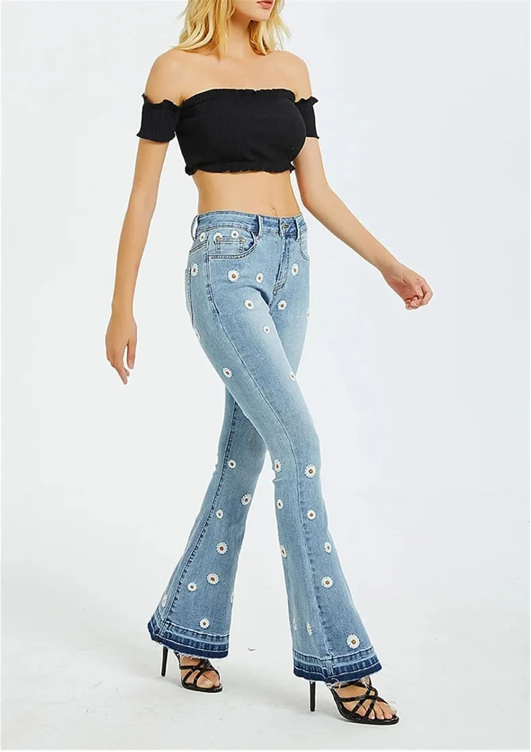 Womens Embroidery Low Waist Elastic Flare Jeans Retro Style Skinny Bell Bottom Jeans Blue Fit Denim Pants