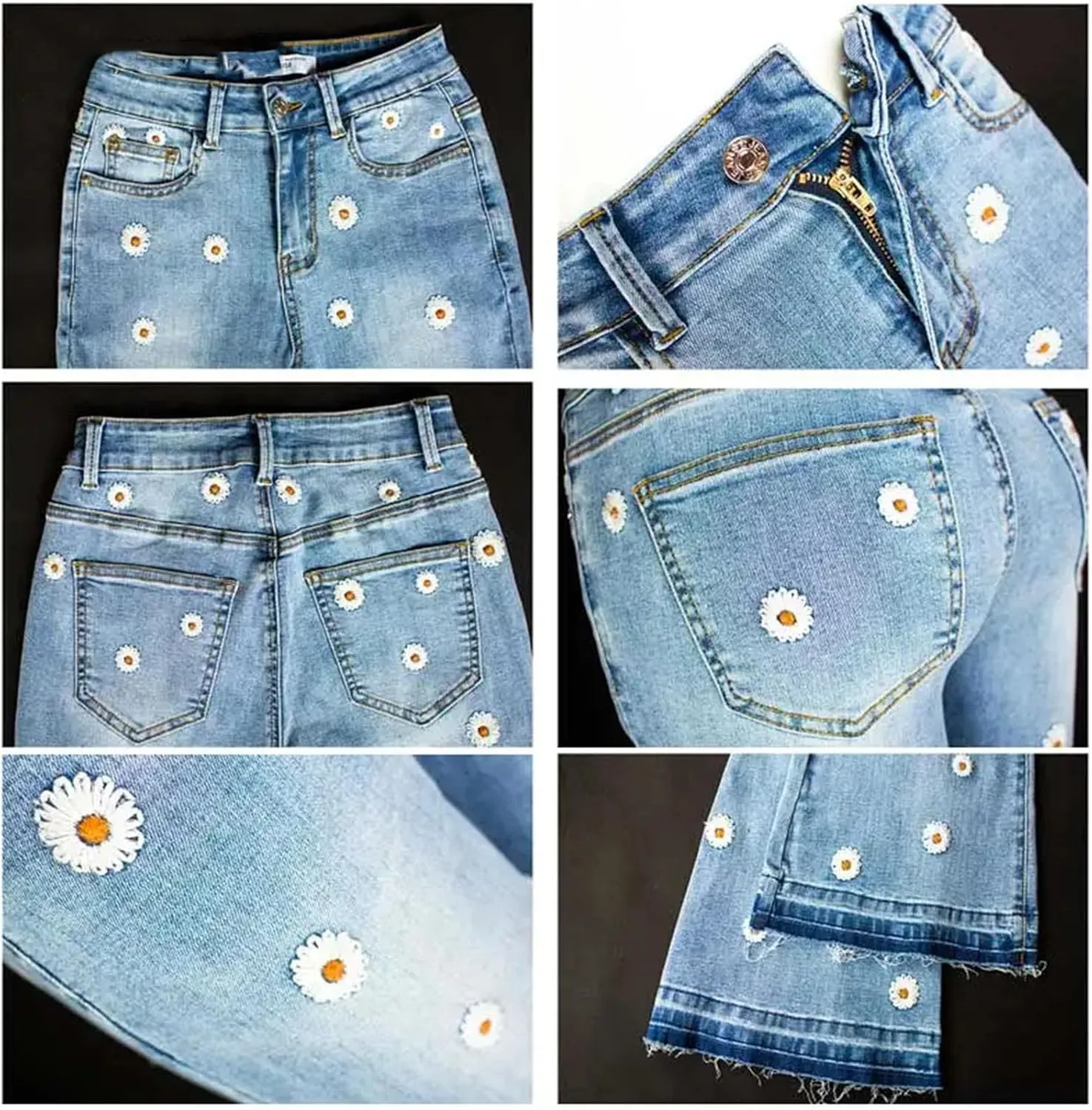 Womens Embroidery Low Waist Elastic Flare Jeans Retro Style Skinny Bell Bottom Jeans Blue Fit Denim Pants