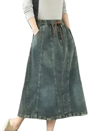 Women's Ethnic Style Summer Denim Skirt High Waist Irregular Patchwork Pockets Drawstring Mid-Calf A-Line Skirt