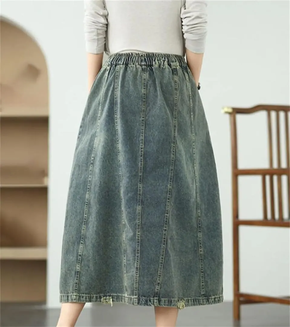 Women's Ethnic Style Summer Denim Skirt High Waist Irregular Patchwork Pockets Drawstring Mid-Calf A-Line Skirt