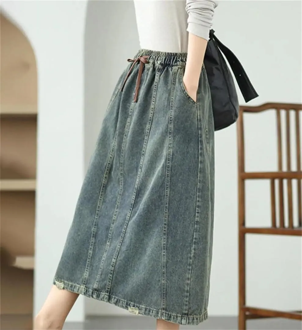 Women's Ethnic Style Summer Denim Skirt High Waist Irregular Patchwork Pockets Drawstring Mid-Calf A-Line Skirt