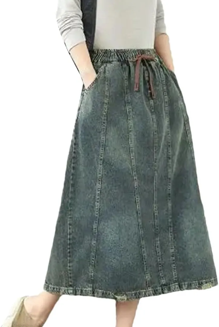 Women's Ethnic Style Summer Denim Skirt High Waist Irregular Patchwork Pockets Drawstring Mid-Calf A-Line Skirt