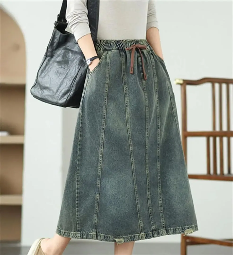 Women's Ethnic Style Summer Denim Skirt High Waist Irregular Patchwork Pockets Drawstring Mid-Calf A-Line Skirt