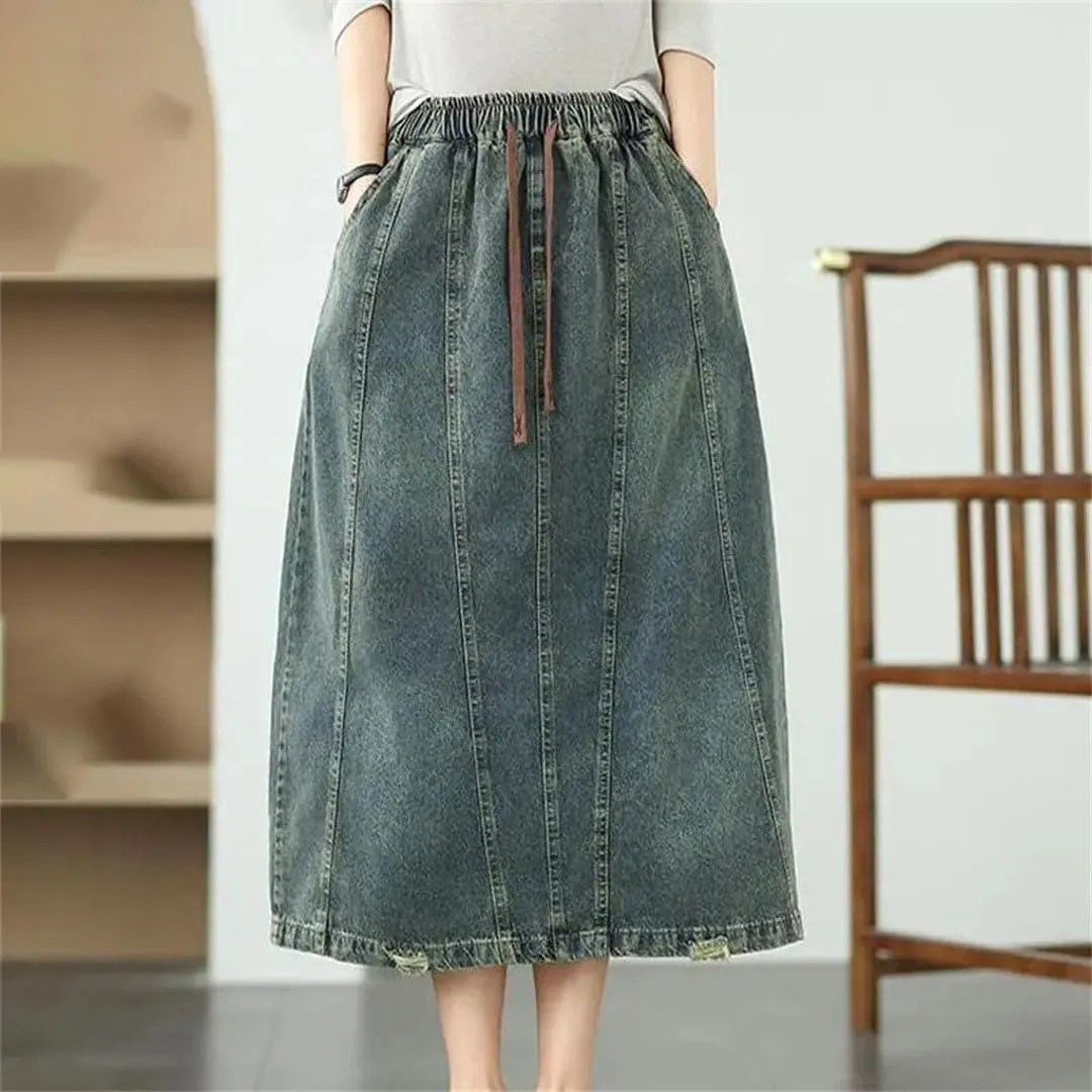 Women's Ethnic Style Summer Denim Skirt High Waist Irregular Patchwork Pockets Drawstring Mid-Calf A-Line Skirt