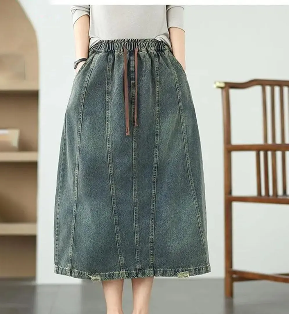 Women's Ethnic Style Summer Denim Skirt High Waist Irregular Patchwork Pockets Drawstring Mid-Calf A-Line Skirt