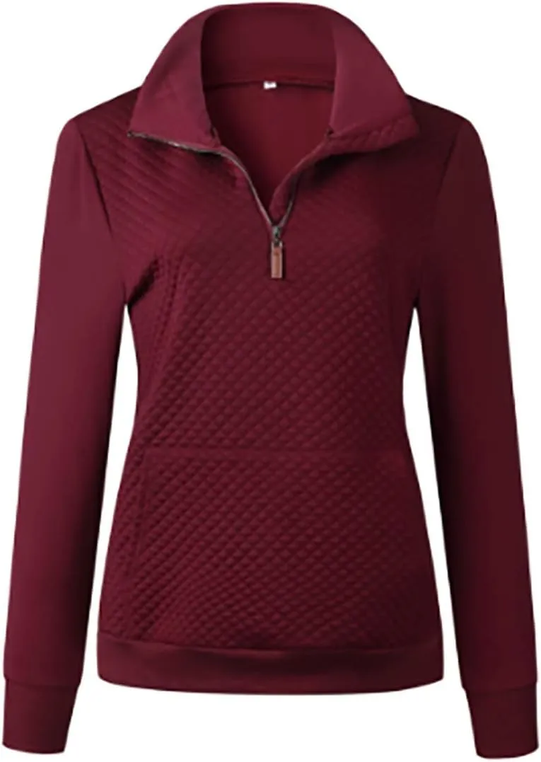 Women's Fashion Quilted Pattern Long Sleeve Casual Zipper Sweatshirt Solid Color Pullover Shirt Top.JNINTH