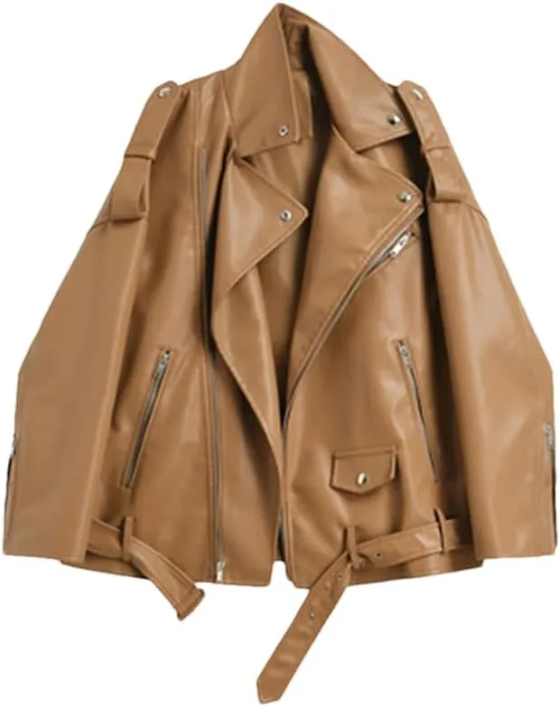 Womens Faux Leather Jackets Coats Solid Moto & Biker Style Zippers Outerwear