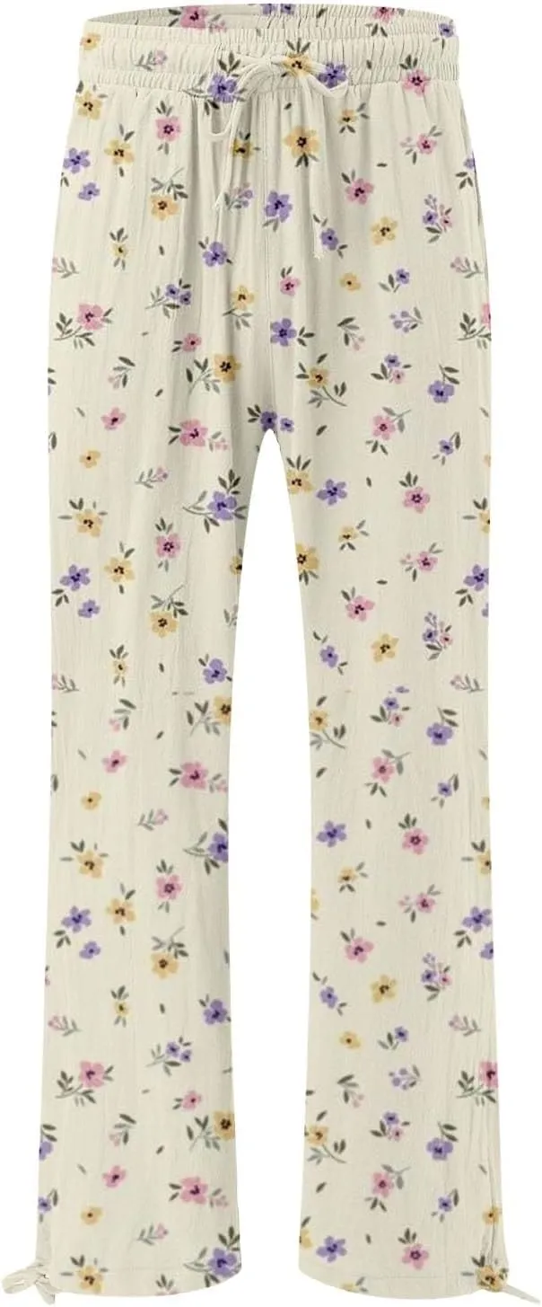 Womens Floral Print Casual Pants Elastic Waistband Straight Wide Leg Trousers Daily Regular Home Leisure Lounge Pants
