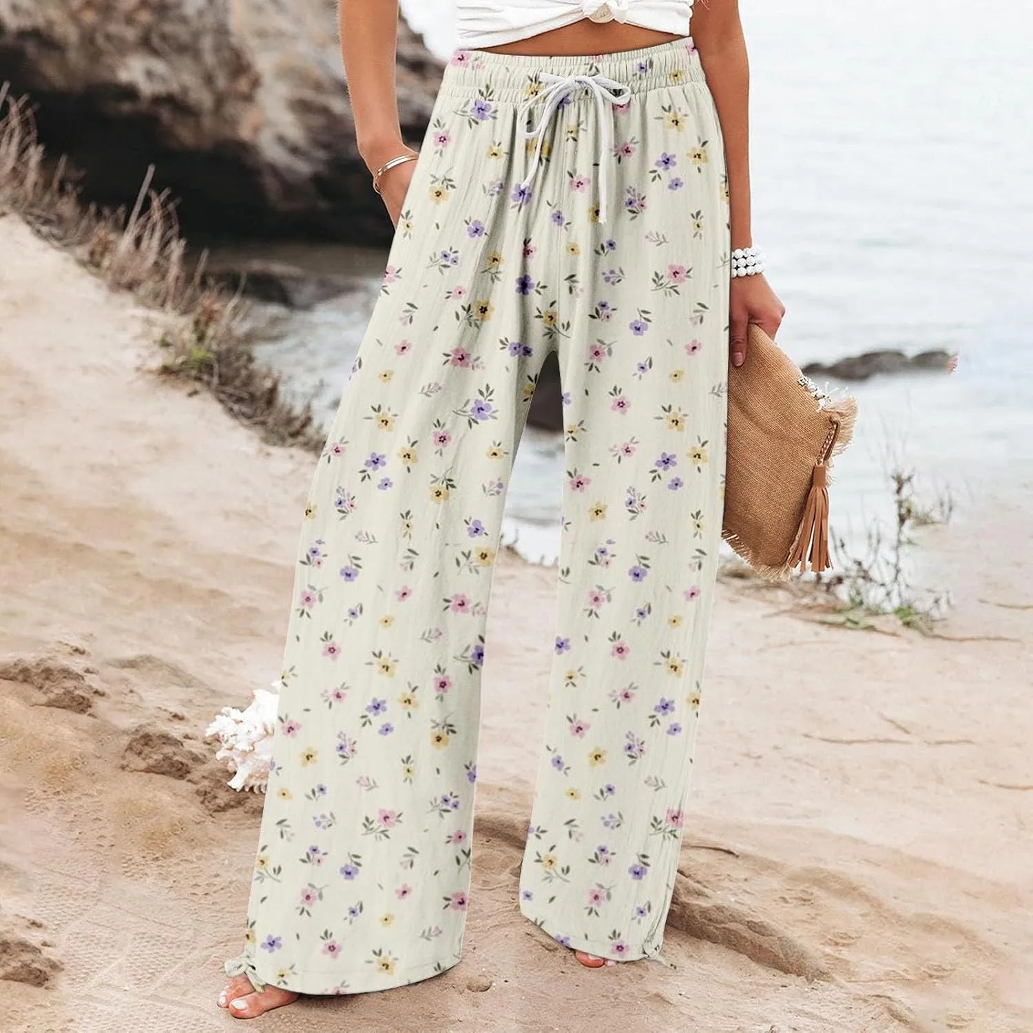 Womens Floral Print Casual Pants Elastic Waistband Straight Wide Leg Trousers Daily Regular Home Leisure Lounge Pants