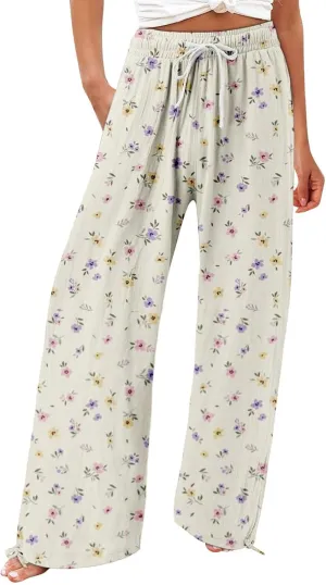 Womens Floral Print Casual Pants Elastic Waistband Straight Wide Leg Trousers Daily Regular Home Leisure Lounge Pants