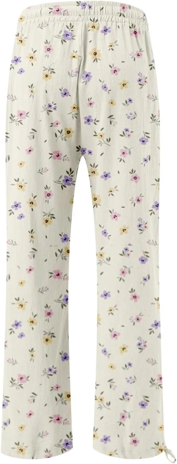 Womens Floral Print Casual Pants Elastic Waistband Straight Wide Leg Trousers Daily Regular Home Leisure Lounge Pants