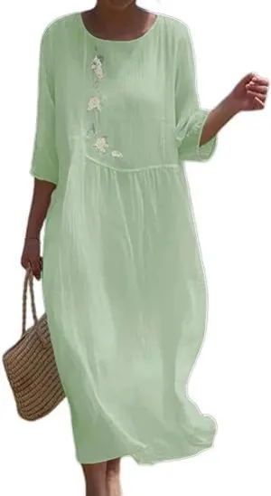 Womens Flowy Floral Embroidery Cotton Linen Maxi Dresses Summer Elegant Solid Beach Vacation Casual Long Dress
