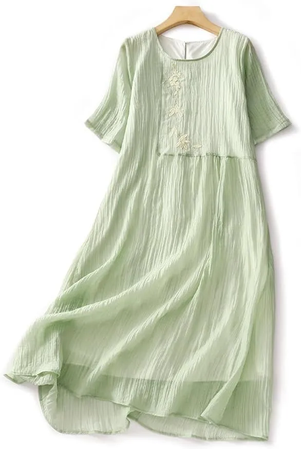 Womens Flowy Floral Embroidery Cotton Linen Maxi Dresses Summer Elegant Solid Beach Vacation Casual Long Dress