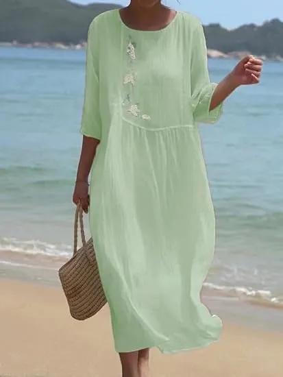 Womens Flowy Floral Embroidery Cotton Linen Maxi Dresses Summer Elegant Solid Beach Vacation Casual Long Dress
