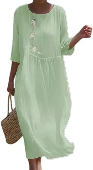 Womens Flowy Floral Embroidery Cotton Linen Maxi Dresses Summer Elegant Solid Beach Vacation Casual Long Dress