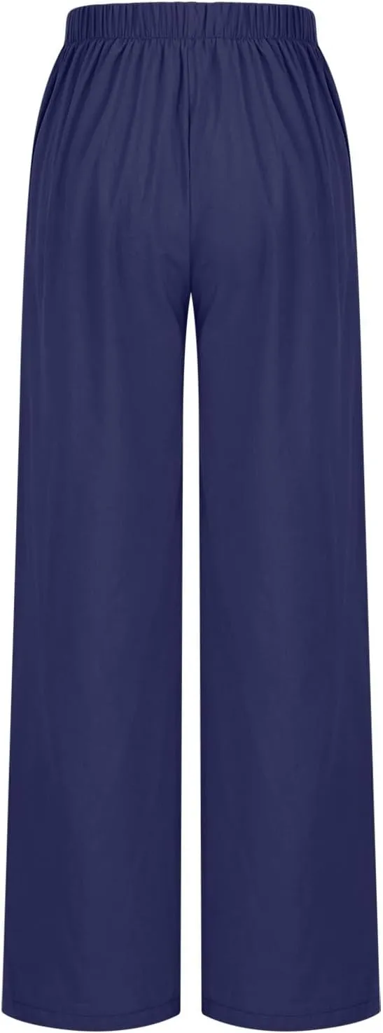 Womens High Waisted Button Front Pants Stylish Straight Wide-Leg Office Relax Linen Trousers Beach Flowy Casual Pants