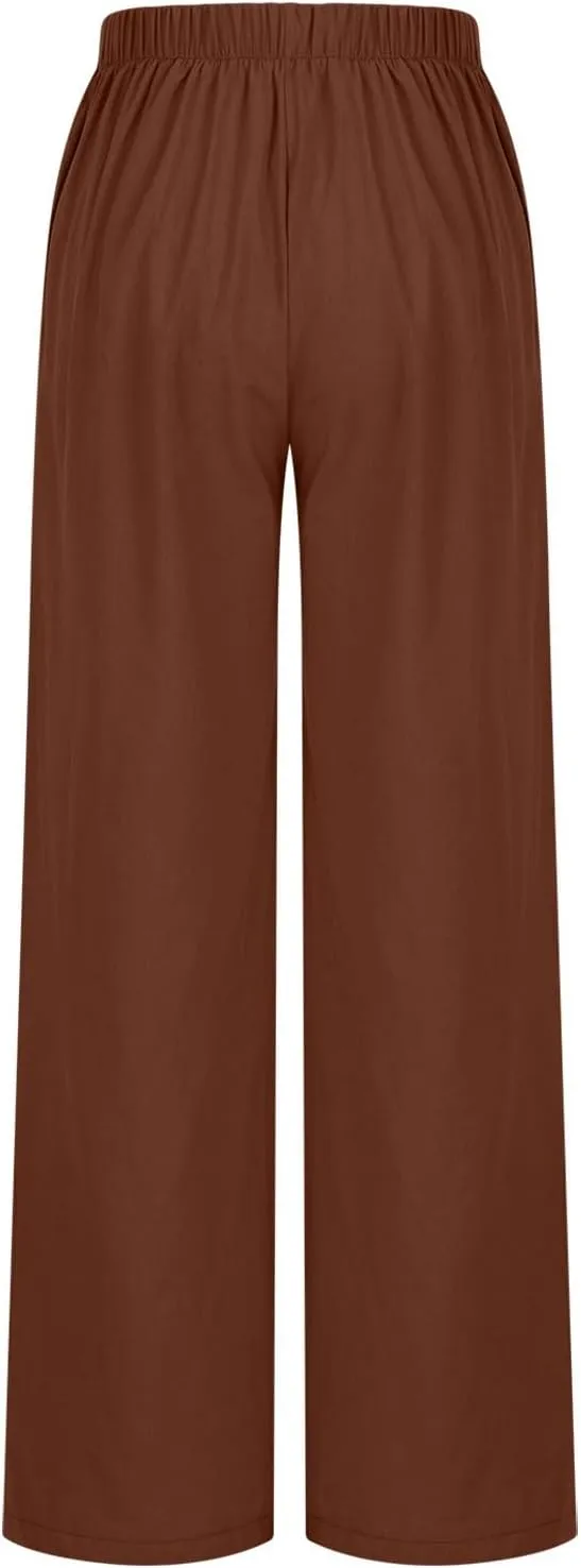 Womens High Waisted Button Front Pants Stylish Straight Wide-Leg Office Relax Linen Trousers Beach Flowy Casual Pants