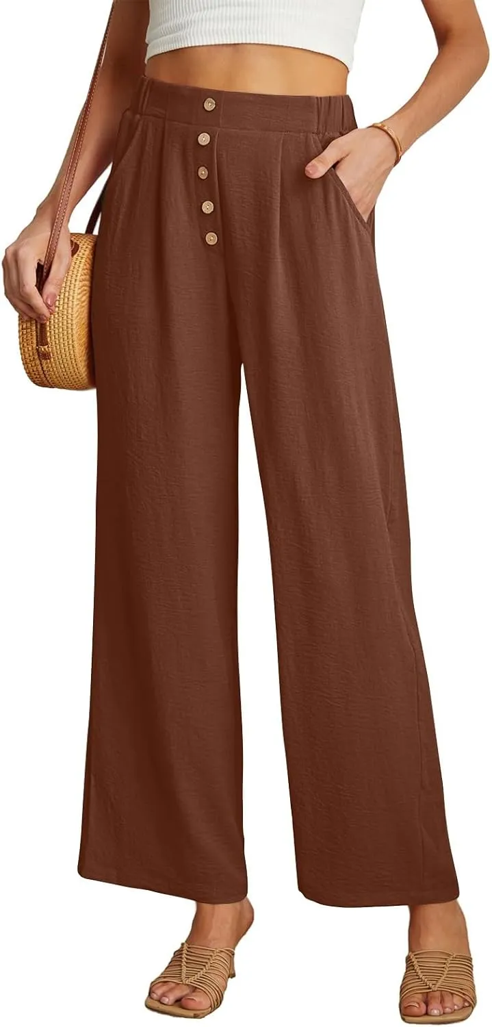 Womens High Waisted Button Front Pants Stylish Straight Wide-Leg Office Relax Linen Trousers Beach Flowy Casual Pants