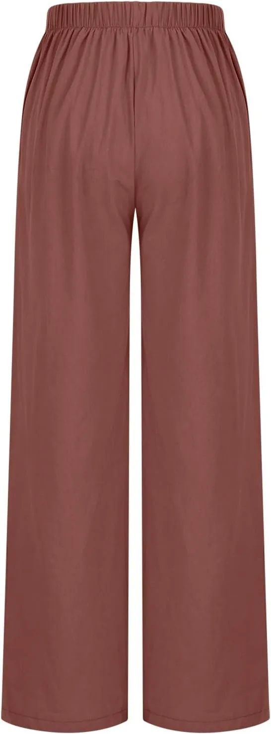 Womens High Waisted Button Front Pants Stylish Straight Wide-Leg Office Relax Linen Trousers Beach Flowy Casual Pants