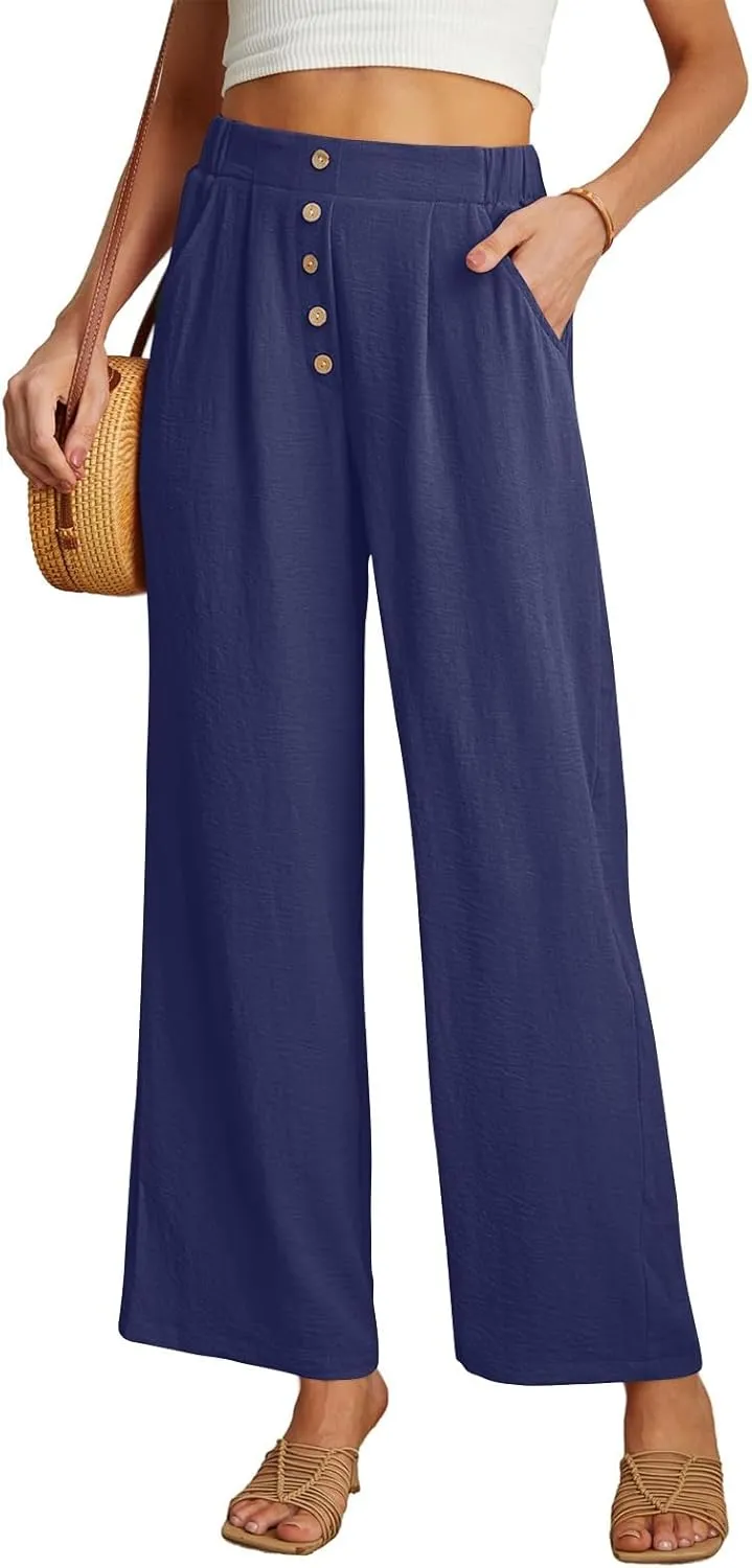 Womens High Waisted Button Front Pants Stylish Straight Wide-Leg Office Relax Linen Trousers Beach Flowy Casual Pants