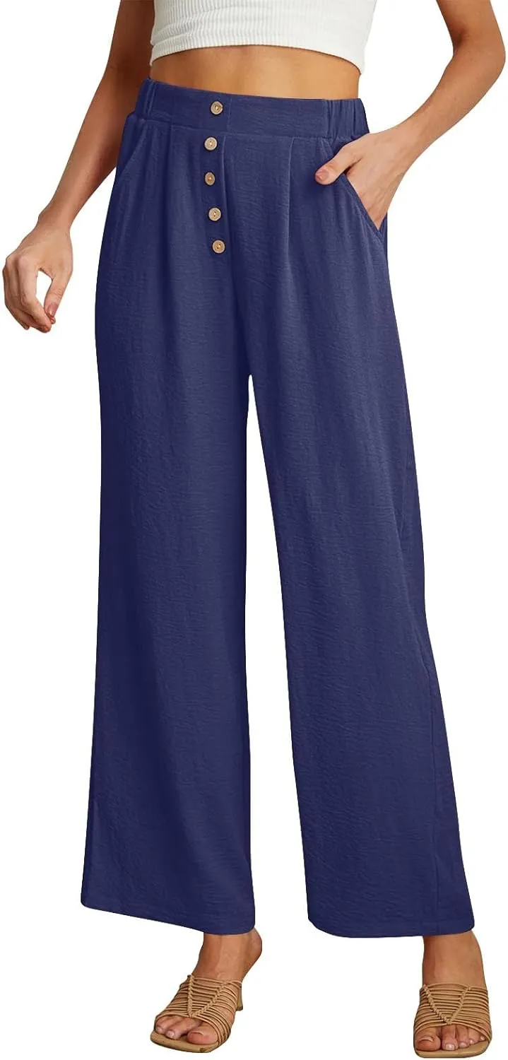 Womens High Waisted Button Front Pants Stylish Straight Wide-Leg Office Relax Linen Trousers Beach Flowy Casual Pants
