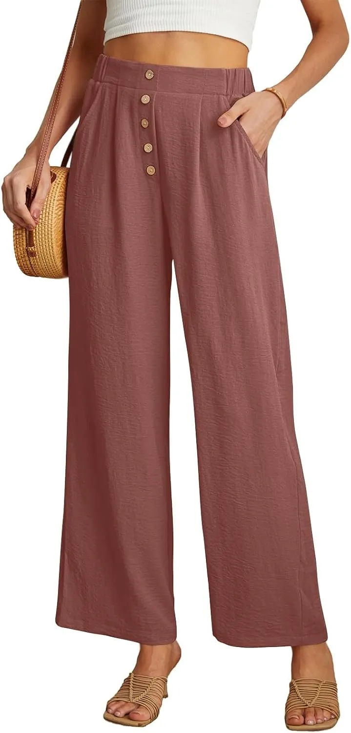 Womens High Waisted Button Front Pants Stylish Straight Wide-Leg Office Relax Linen Trousers Beach Flowy Casual Pants