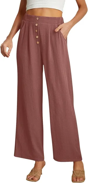 Womens High Waisted Button Front Pants Stylish Straight Wide-Leg Office Relax Linen Trousers Beach Flowy Casual Pants
