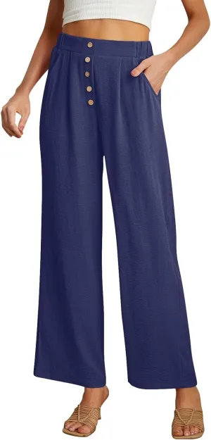 Womens High Waisted Button Front Pants Stylish Straight Wide-Leg Office Relax Linen Trousers Beach Flowy Casual Pants