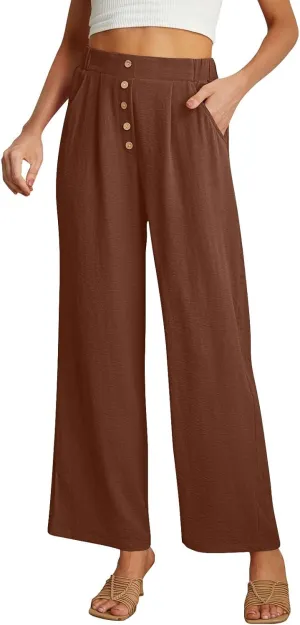 Womens High Waisted Button Front Pants Stylish Straight Wide-Leg Office Relax Linen Trousers Beach Flowy Casual Pants