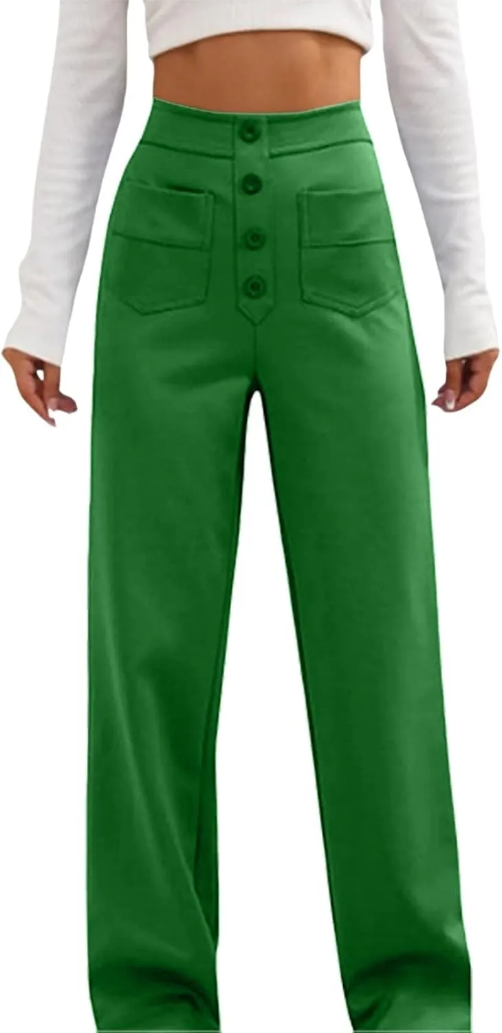 Womens High Waisted Button Pants Front Pocket Casual Loose Fit Outdoor Fashion Streetwear Straight Leg Causal Trouser